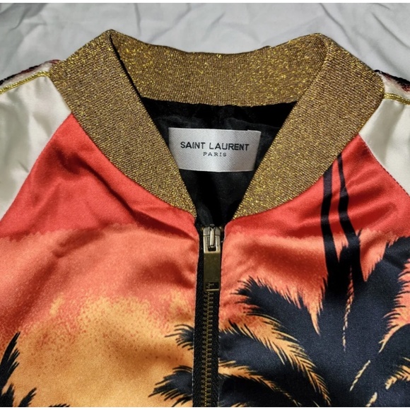 SAINT LAURENT Palm Tree Print Satin Bomber Jacket Unisex Size FR 46 - Picture 7 of 16